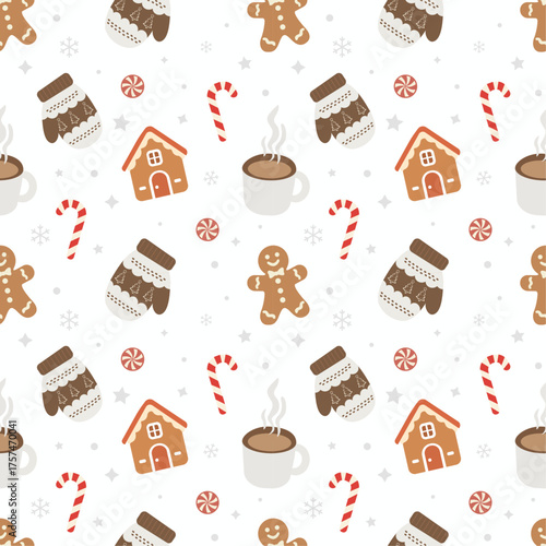 Christmas Seamless Pattern Vector: Gingerbread Man, House, Cocoa, Candy Cane, Mitten, and Stars. White Flat Design for Festive Fabric, Wallpaper, and Baking Background.