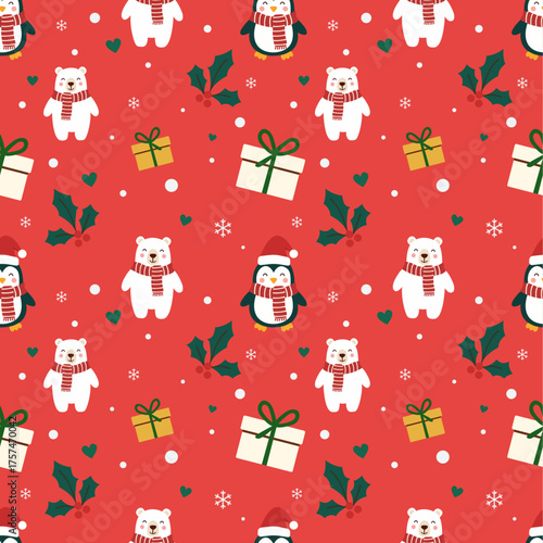 Cute Christmas Seamless Pattern Vector: Penguin, Polar Bear, Gifts, Holly, Stars, Snow, and Hearts. Bright Red Flat Design for Festive Fabric and Backgrounds.