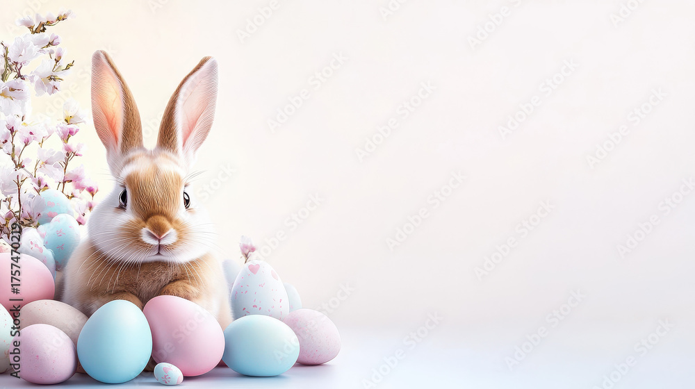 Fototapeta premium Adorable Easter bunny surrounded by pastel colored eggs and blooming spring flowers, perfect for holiday greetings