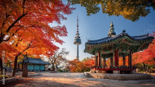 N Seoul Tower & Traditional Pavilions in Namsan Park, Seoul, Adorned with Fiery Autumn Maple Leaves