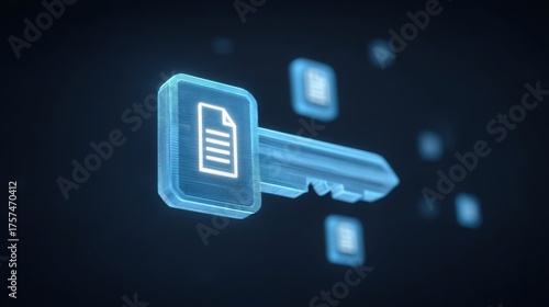 Transparent digital key icon representing data security and protection against unauthorized access, surrounded by floating document symbols in a dark background