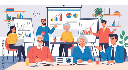 Business Team Meeting with Charts and Projector Presentation.