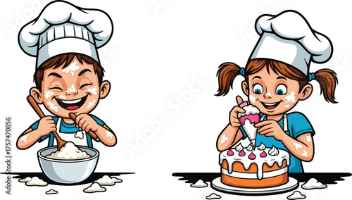 Cute happy kids wearing chef hats baking and decorating cake together, smiling boy mixing dough, joyful girl decorating dessert, fun cooking illustration concept