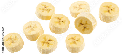 Flying delicious banana slices cut out