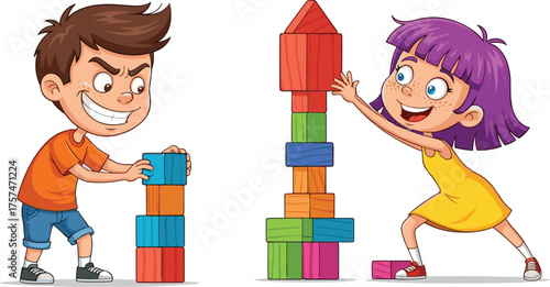 Happy kids playing with colorful building blocks, creative boy and girl stacking toy bricks, childhood fun, teamwork, learning, education, imagination, and playful activity illustration