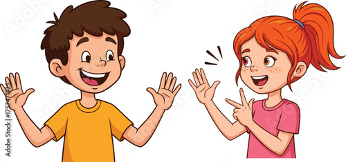 Happy kids playing rock paper scissors game, smiling boy and girl having fun, friendship, laughter, childhood entertainment, joyful expression, learning interaction