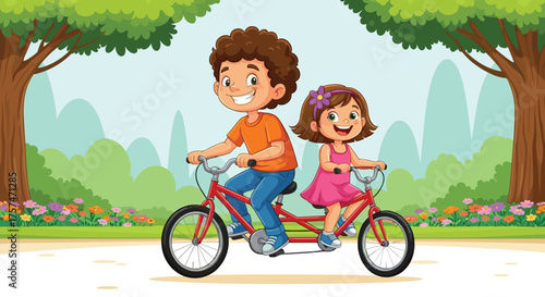 Happy kids riding tandem bicycle in park, cheerful boy and girl enjoying outdoor activity, fun cycling adventure, summer recreation and friendship illustration concept for children