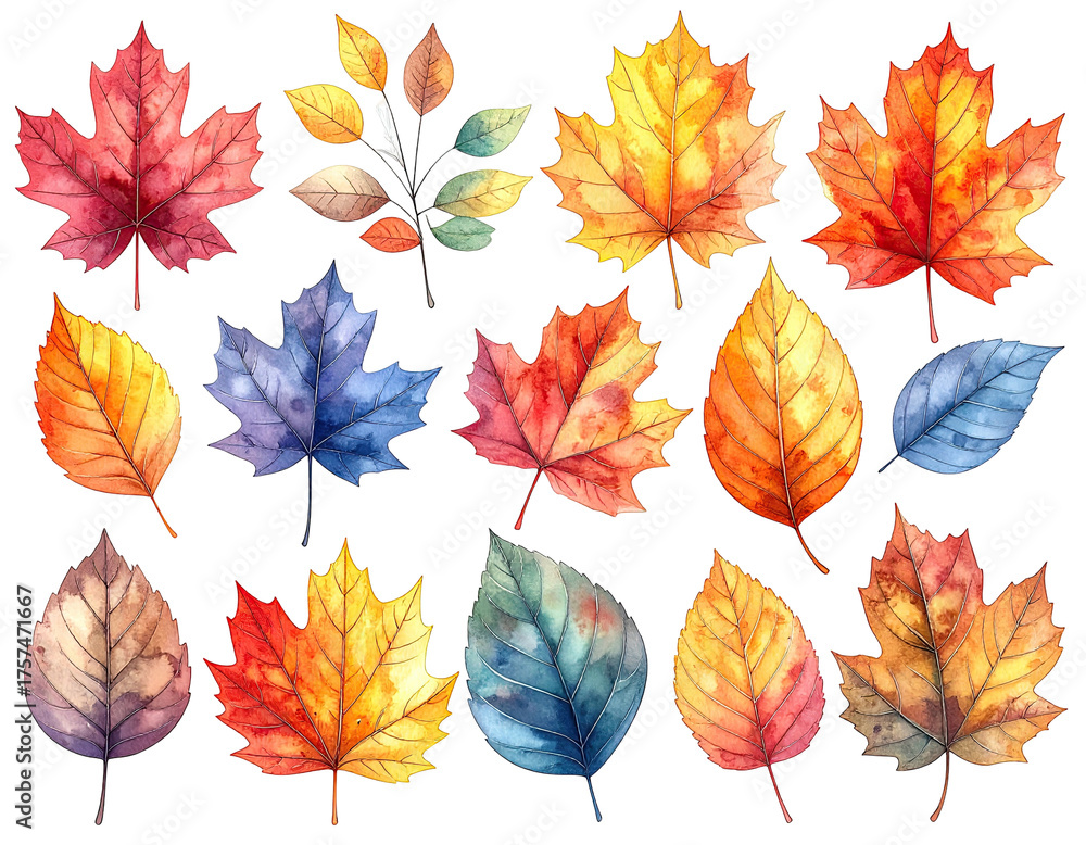 Obraz premium A collection of colorful watercolor leaves in various shapes, sizes, and shades of autumn