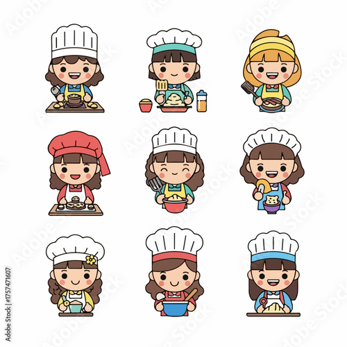 Cute cartoon female chef and baker avatars set performing various cooking activities.