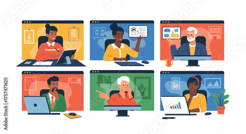 Diverse People in Online Meetings on Computer Screens.