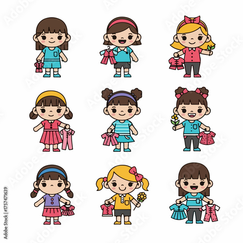 Kawaii vector set of young girls choosing outfits, shopping for children's clothing, or playing dress-up, isolated on white background.