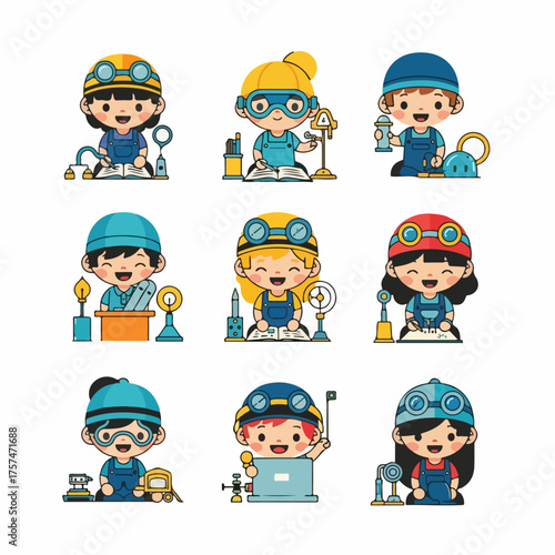 Set of cute cartoon kid engineers and inventors doing science and STEM learning activities, wearing safety goggles and hard hats, isolated on white.