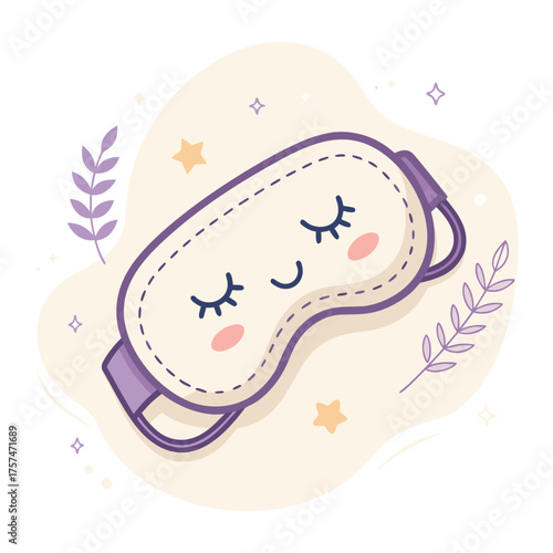 Illustration of a cute sleep mask with closed eyes and a gentle smile, surrounded by stars and floral elements.