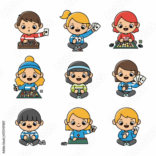 Cute Cartoon Kids Playing Board Games and Card Games. Vector illustrations of happy children enjoying various tabletop games and family leisure activities.