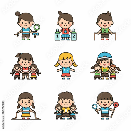 Collection of cute cartoon kids illustrations depicting sports day activities, including jump rope, teamwork, and various games.