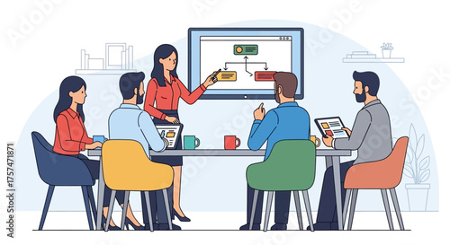 Business Team Meeting Presenting a Flowchart Diagram.