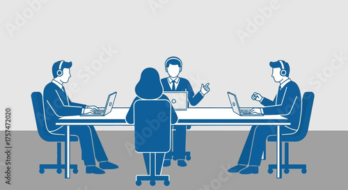 Business Meeting Illustration with People Laptops and Table.