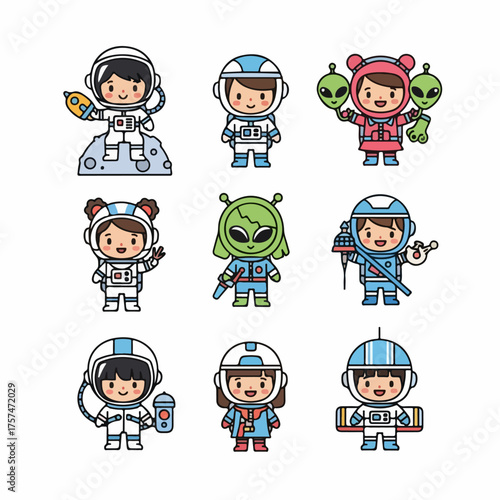 Collection of cute cartoon astronaut characters and friendly aliens in space suits, representing cosmic adventure and future exploration.