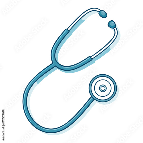 A blue stethoscope with ear tips and chest piece, casting a soft shadow on a white background.