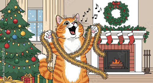 Joyful Orange Cat Singing Christmas Carols.