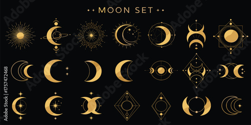Mystical gold moon phases and sacred geometry symbols set. Esoteric astrology and alchemy icons for spiritual design