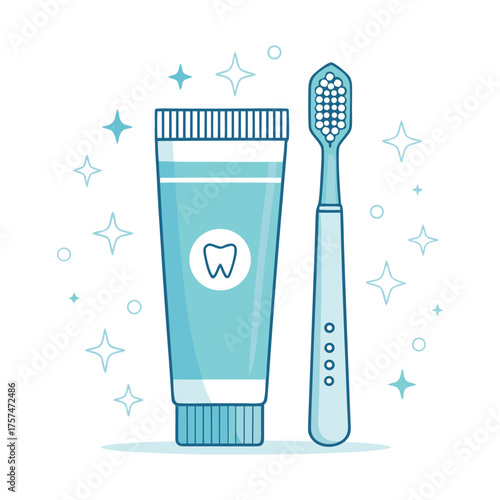 Light blue illustration of a toothpaste tube with a tooth icon next to a toothbrush, surrounded by starbursts.