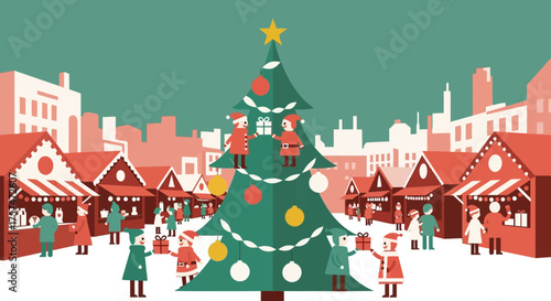 Festive Christmas Market Scene with Decorated Tree and People.