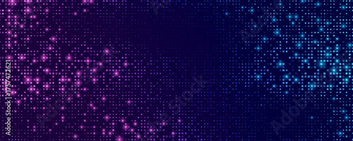Digital glowing blue and purple pixels on dark background. Abstract backdrop of twinkling colorful dots for technology presentation, blockchain or big data concept. Vector illustration.
