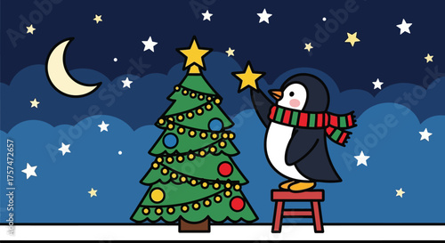 Cartoon Penguin Decorating Christmas Tree with Star Ornament.