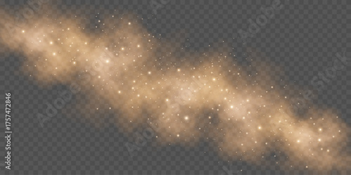 Magical golden fog effect with glowing dust on a transparent background. Atmosphere element for overlaying on images, fantasy scenes or weather visual effects. Vector illustration.