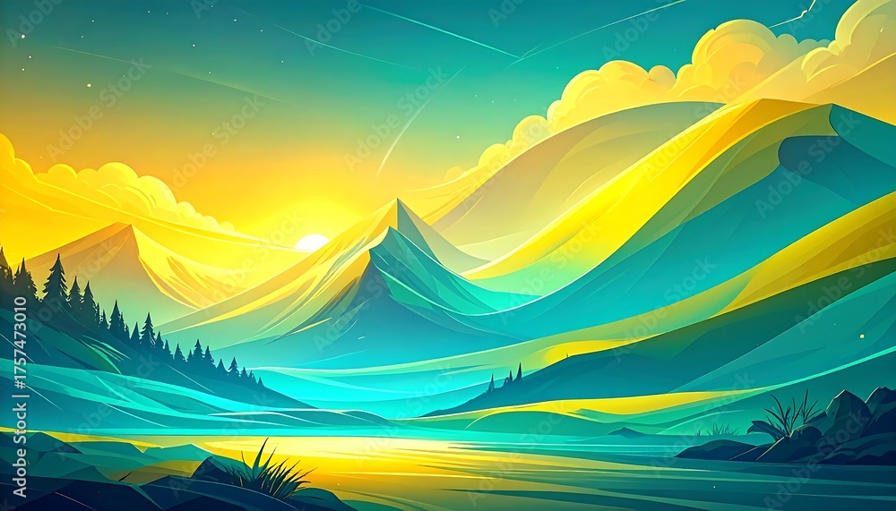 Obraz premium A vibrant digital painting of a mountain range at sunset. The scene is awash in yellow, teal, and blue, with a glowing sun and detailed hills