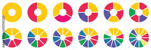 Pie chart set, segmented circle icons, circle diagram. Pie chart divided 1,2,3,4,5,6 equal parts. Color pizza or donut round diagram. Infographic wheel segment or sections parts. Vector illustration