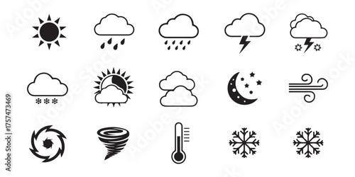 Collection of weather icons representing sun rain clouds lightning snow wind and other meteorological phenomena