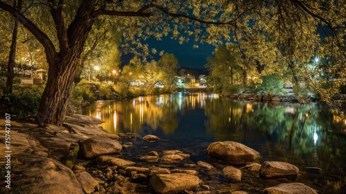 Tranquil River Scene at Night: Golden Reflections and Rocky Shoreline
