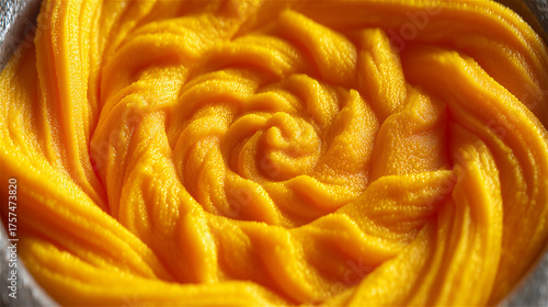 Close-up of yellow satin fabric folded into spiral pattern, concept of luxury, softness and textile design.