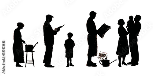 Generations of a family engaged in gardening activities silhouette