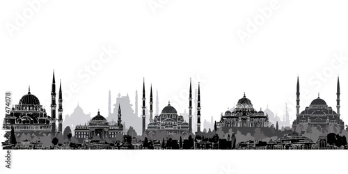 Iconic istanbul skyline silhouette featuring historic mosques and minarets against a white background