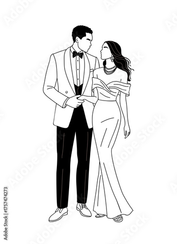 Black and white vector of a formal couple in elegant pose, man in tuxedo, woman in gown, minimalist line art, modern fashion illustration, romantic full-body portrait