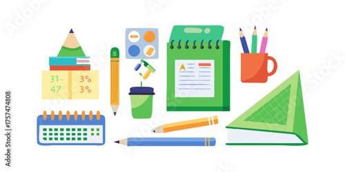 School supply collection with green German Schultute cone, books and notebook, pens, and ruler, calendar and pins, marker and case. Educational items with cute cartoon primary student stationery.icon
