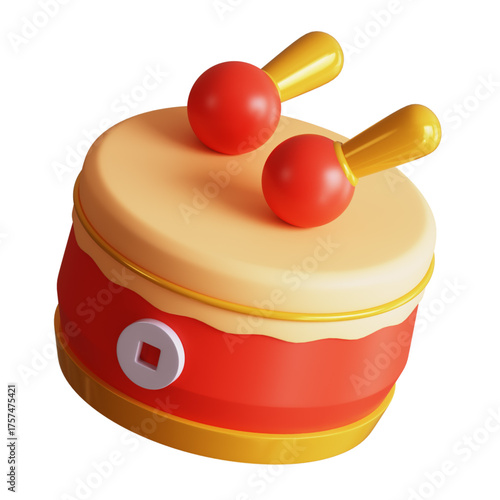 Vibrant 3D traditional drum, red and gold with drumsticks, a cultural concept symbolizing celebration, rhythmic joy, and oriental heritage