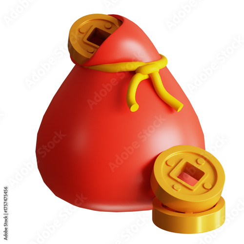 Vibrant 3D rendering of a traditional red lucky money pouch overflowing with golden prosperity coins, symbolizing wealth, fortune, and good luck for festive celebrations and financial success