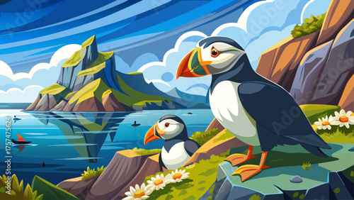 Very beautiful horned puffins at Lake Clark National Park, Alaska, USA, perched on rocky cliffs above the ocean, displaying colorful beaks and black-white plumage amid pristine northern coastal wilder