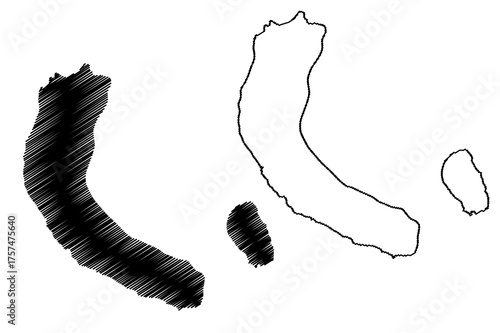 Teressa and Bompuka Island (Republic of India, Nicobar Archipelago, Indian Ocean) map vector illustration, scribble sketch Tarasa Dwip, Luroo, Poahat map