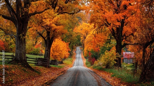 Enchanting Autumn Lane: Wet Road Winding Through Fiery Orange Trees, Rustic Fence, and Scattered Leaves