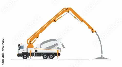 Concrete pump truck with boom arm pouring cement on construction site.