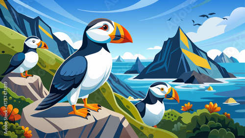 Very beautiful horned puffins at Lake Clark National Park, Alaska, USA, perched on rocky cliffs above the ocean, displaying colorful beaks and black-white plumage amid pristine northern coastal wilder