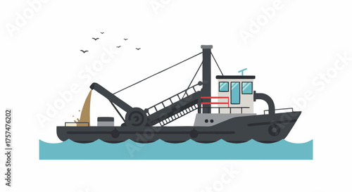 Industrial dredger ship for sand mining and waterway excavation.