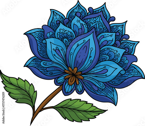 Wallpaper Mural Blue flower illustration, ornate petal design, brown center, green leaves, white background, symmetrical composition, decorative art, botanical sketch, vibrant colors Torontodigital.ca