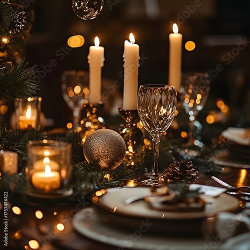 Festive holiday table, candles, Christmas decorations, elegant