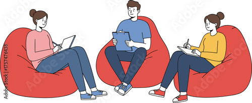 Wallpaper Mural Group illustration, people writing on bean bags, tablet, clipboard, notebook, casual teamwork, creative session, relaxed pose, white background Torontodigital.ca